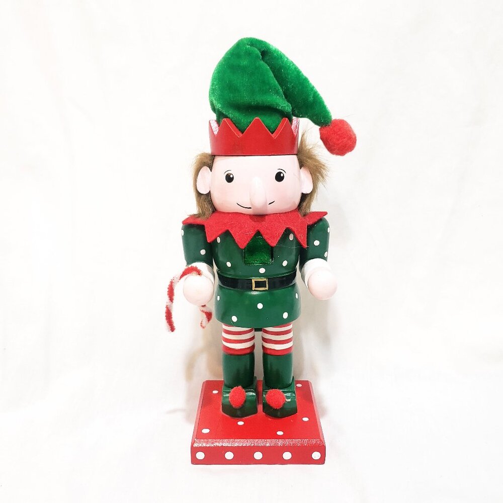Elf Nutcracker Polka Dot Green Red Christmas 9.5" Figurine Wooden 2015